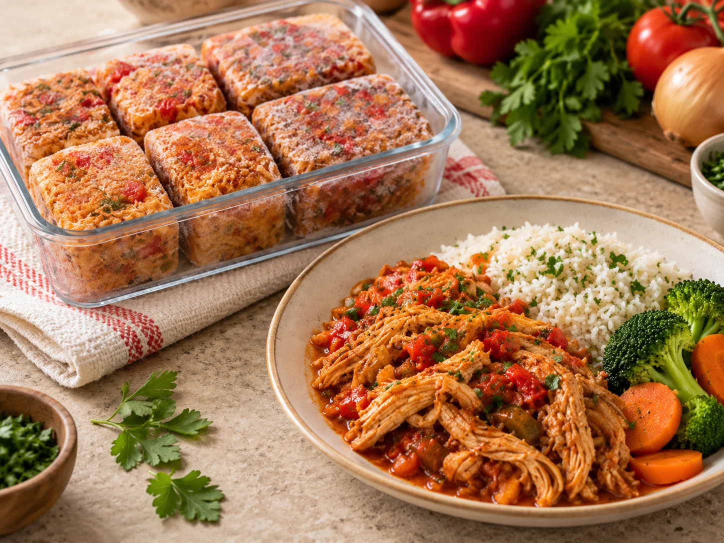 Poulet et Viandes : blocs congelés et assiette de Poulet Effiloché en Sauce