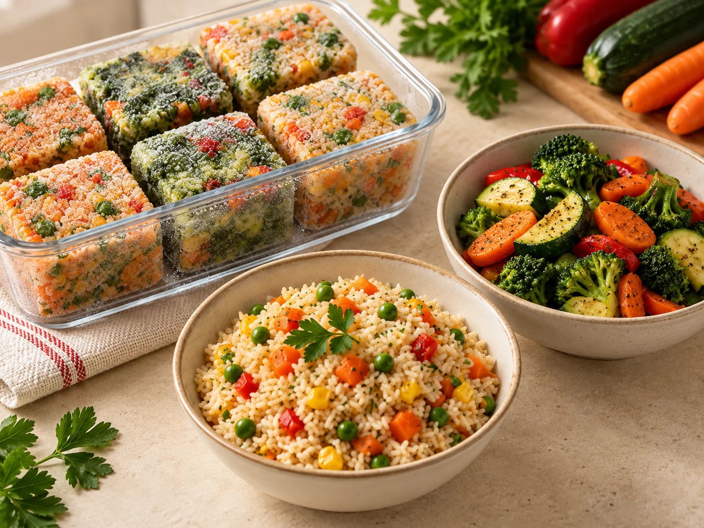 Légumes et Accompagnements : blocs congelés et assiette de Riz aux Légumes