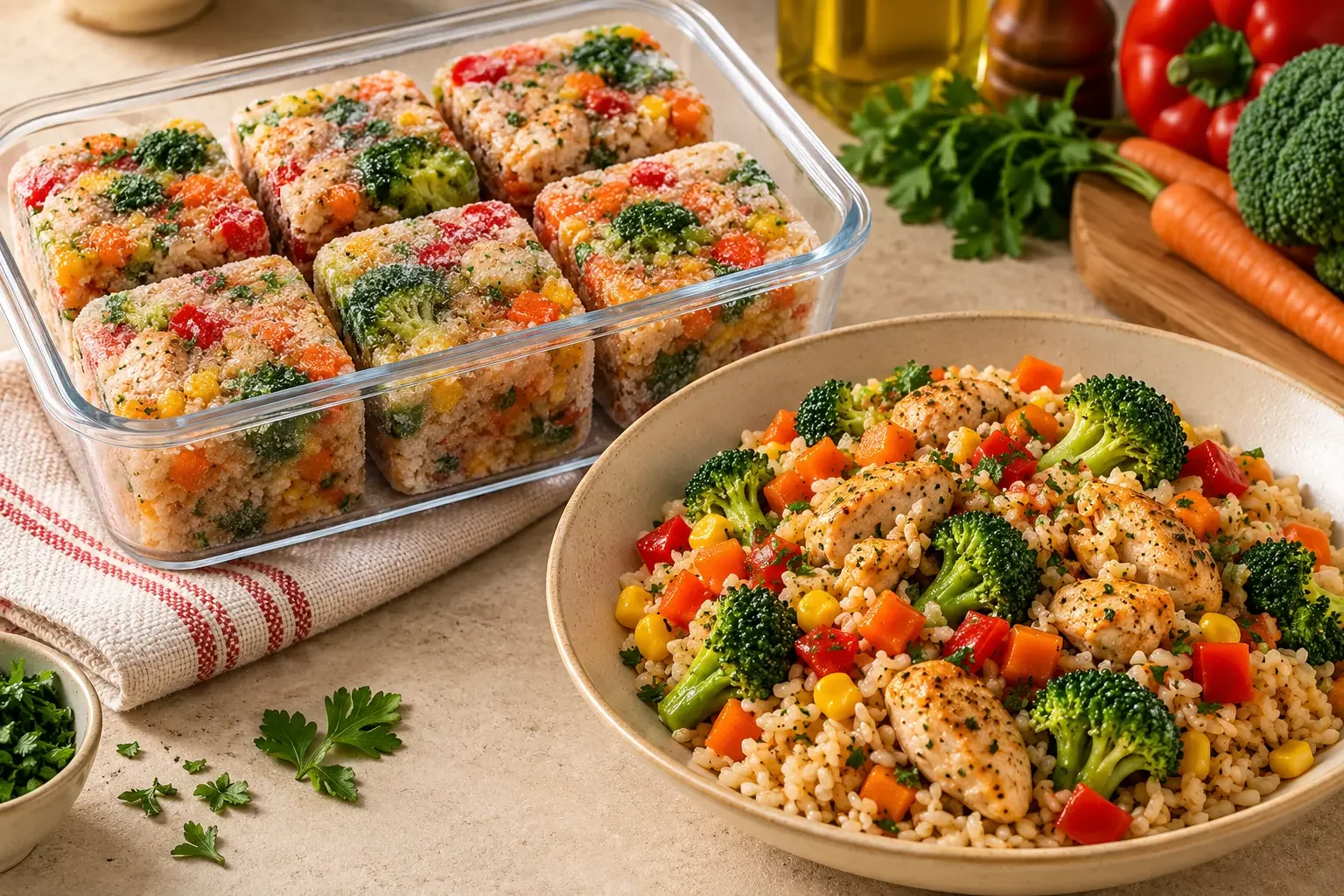 Repas Complets : blocs congelés et assiette de Poulet, Riz et Légumes