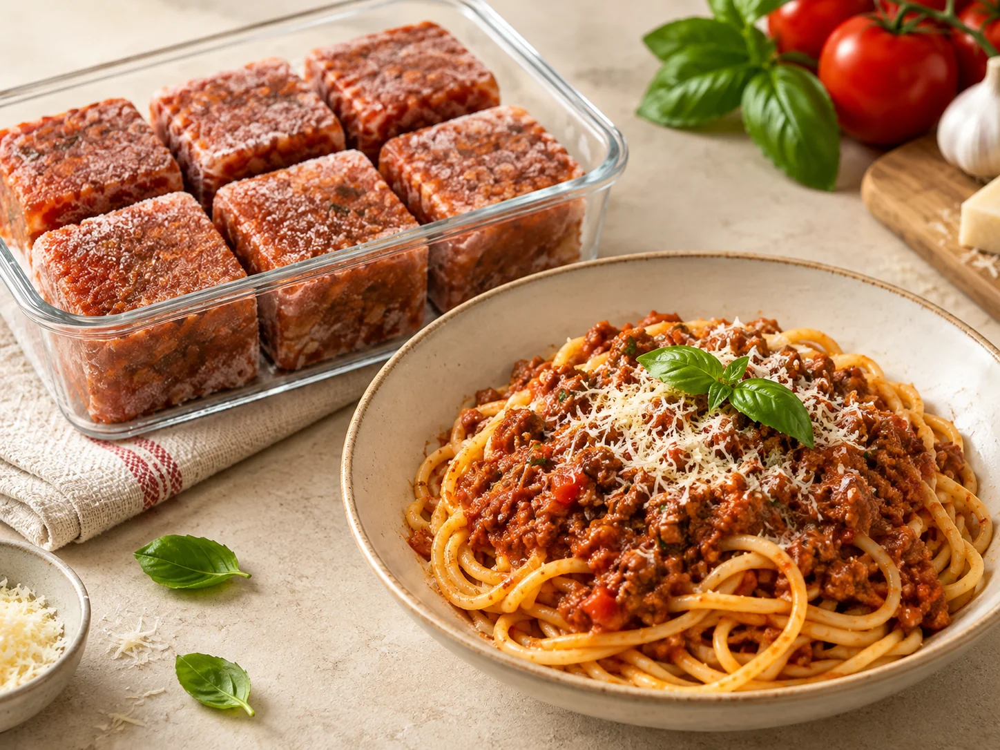 Sauces et Bases : blocs congelés et assiette de Sauce Bolognaise Maison