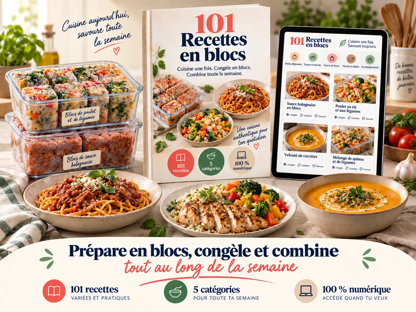Maquette du produit 101 Recettes en Blocs avec livre, tablette et repas préparés en portions congelées
