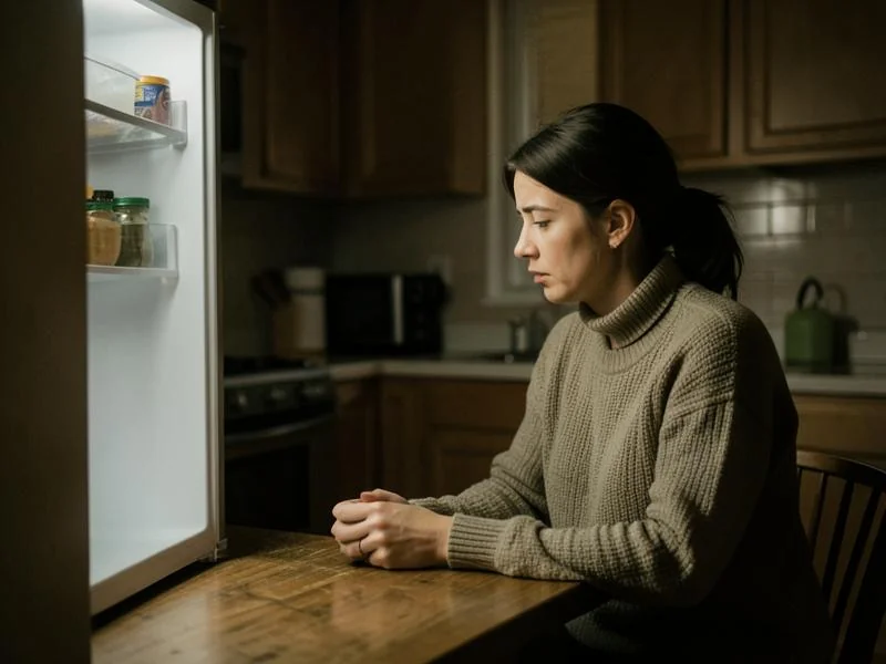 Femme fatiguée devant le réfrigérateur, se demandant quoi cuisiner