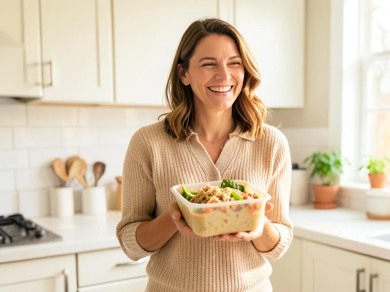Femme souriante dans une cuisine rangée tenant une portion de repas préparé